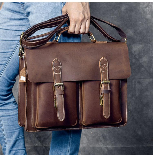 Vintage Leather Mens 14" Brown Laptop Briefcase Business Brown Briefcase For Men 24J03391082