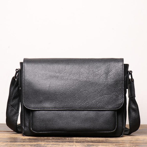 Black Leather Small Zipper Messenger Bag Small - Back View