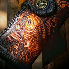 Handmade Leather Tooled Long Carp Mens Chain Biker Wallets Cool Leather Wallet With Chain Wallets for Men