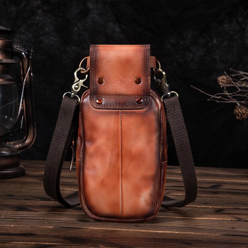 Cool Brown Leather Men's Cell Phone Holster Small Side Bag Mini Messenger Bag For Men