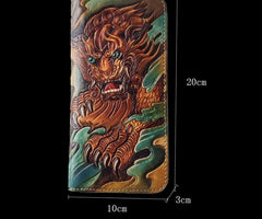 Handmade Leather Chinese Lion Tooled Mens Long Wallet Cool Leather Wallet Clutch Wallet for Men