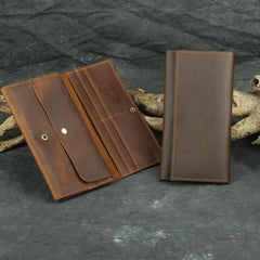 Brown Vintage Slim Leather Long Wallet for Men Bifold Dark Brown Bifold Wallet For Men