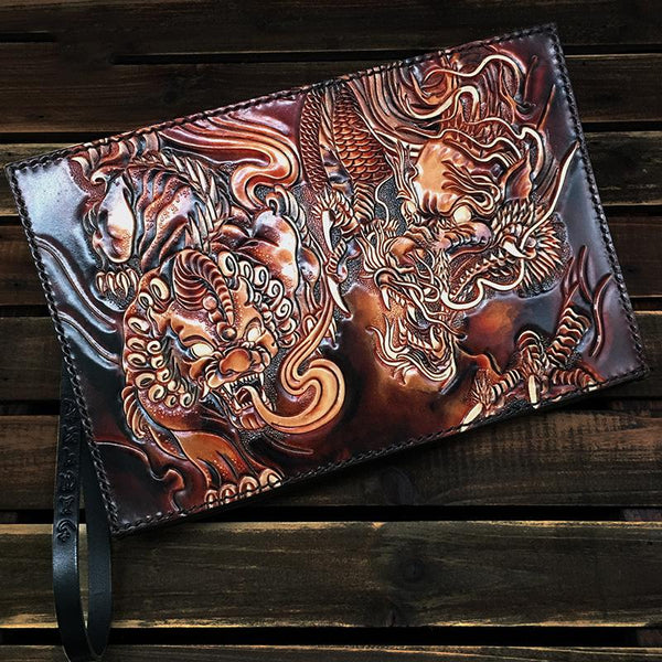 Black Handmade Tooled Leather Lion Chinese Dragon - Back View