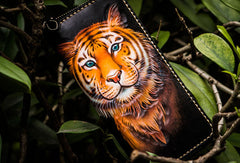 Handmade leather tiger biker wallet long wallet black leather men phone - EverHandmade