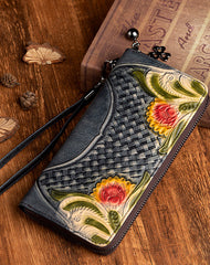 Handmade Red Leather Wristlet Wallet Womens Floral Zip Around Wallets Flowers Ladies Zipper Clutch Wallet for Women