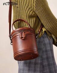 Green Leather Womens Bucket Handbag Barrel Shoulder Bag Crossbody Purse for Ladies