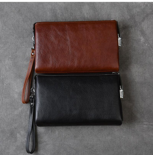 Black Leather Mens Brown Business Long Wallet Clutch Bag Wristlet Wallet For Men 24J02891049