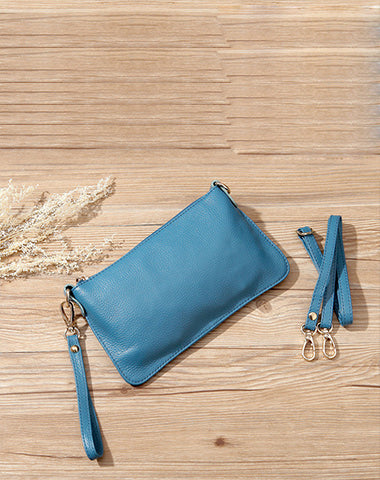 Blue Leather Wristlet Wallet Womens Small Minimalist Shoulder Purse Zip Crossbody Purse Slim Shoulder Bag for Women
