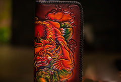 Handmade leather Chinese Lion zip wallet long wallet clutch leather men phone - EverHandmade