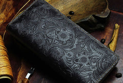 Handmade Long Leather Wallet Bifold Floral Leather Clutch Wallet For Men Women