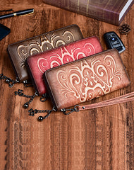 Handmade Womens Floral Coffee Leather Zip Around Wallet Wristlet Wallet Floral Ladies Zipper Clutch Wallet for Women