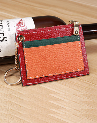 Slim Womens Patchwork Red Leather Card Wallets with Keychain Cute Zip Card Holder Wallet for Women