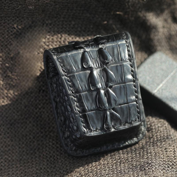 Cool Handmade Black Leather Mens Zippo Lighter - Back View