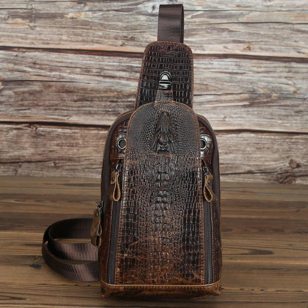 Crocodile Pattern Leather Backpack Men's Sling Bag - Back View