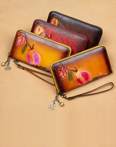 Plum Blossom Flower Leather Wristlet Wallet Womens Zip Around Wallets Flower Ladies Zipper Clutch Wallets for Women