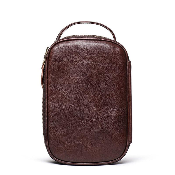 Vintage Brown Leather Men's Clutch Bag Double Zipped Small Wristlet Handbag Storage Bag For Men