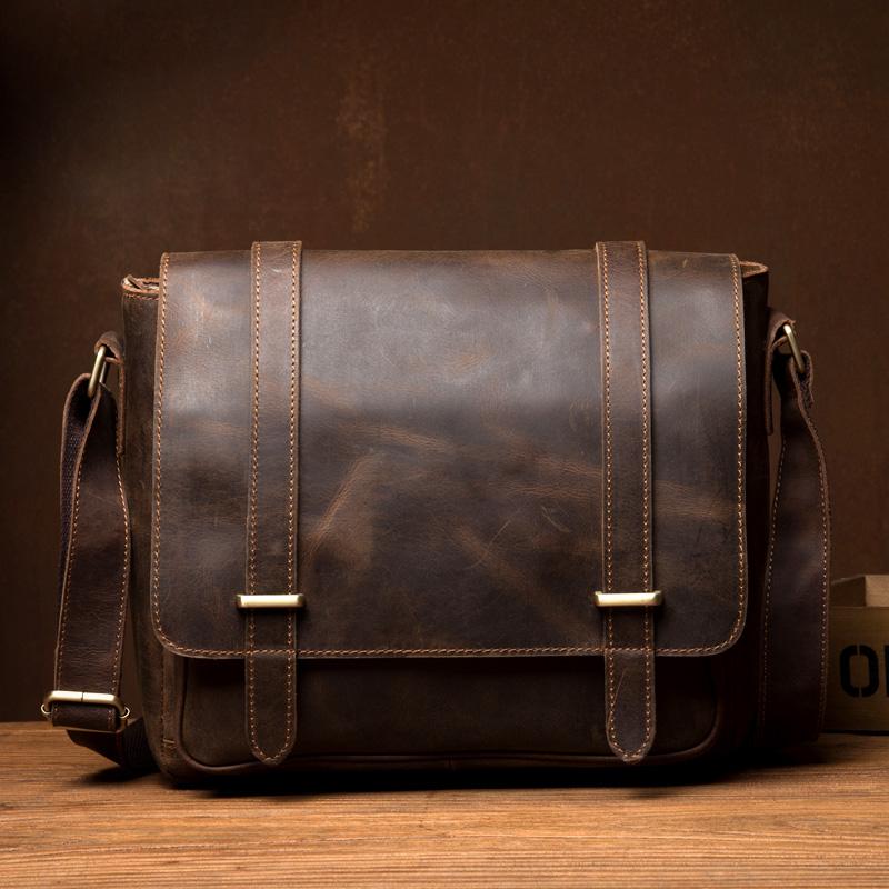 Cool Dark Brown Leather 11 inches Mens Small Messenger Bags Side Bag Brown Courier Bag for Men