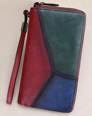 Vintage Multicolor Geometric Green&Red&Blue Leather Wristlet Wallet Womens Flower Zip Around Wallets Flowers Ladies Zipper Clutch Wallet for Women