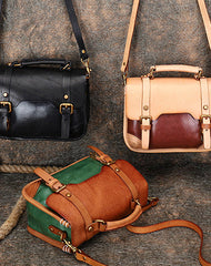 Handmade Beige Leather Womens Satchel Shoulder Bag Small School Handbag Crossbody Purses for Ladies