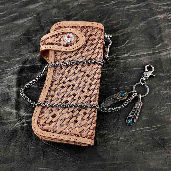 Handmade Beige Tooled Leather Men's Bifold Long - Back View