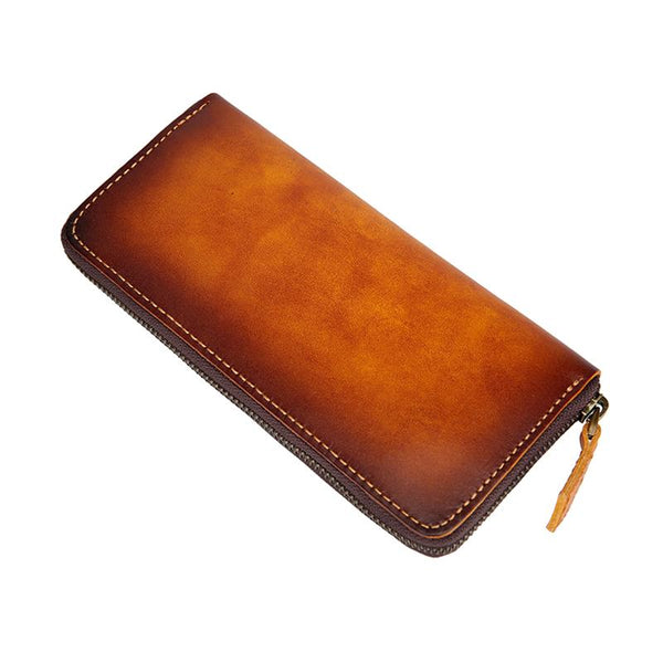 Cool Handmade Mens Brown Long Wallet Blue Bifold Card Wallet Zipper Clutch Walle CZPY01951007