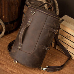 Cool Brown Mens Leather 14 inches Barrel Weekender Bag Bucket Travel Backpack for Men