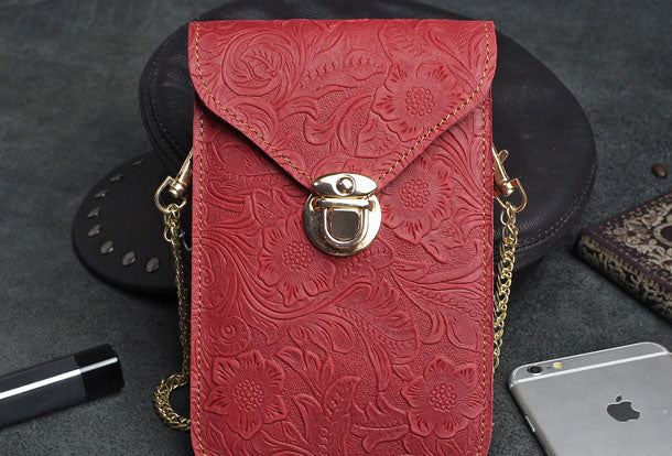 Handmade phone leather shoulder purse bag wallet flowral leather billfold wallet for men women - EverHandmade