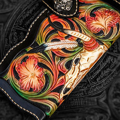 Handmade Leather Black Mens Tooled Skull Chain Biker Wallet Cool Leather Wallet Long Clutch Wallets for Men