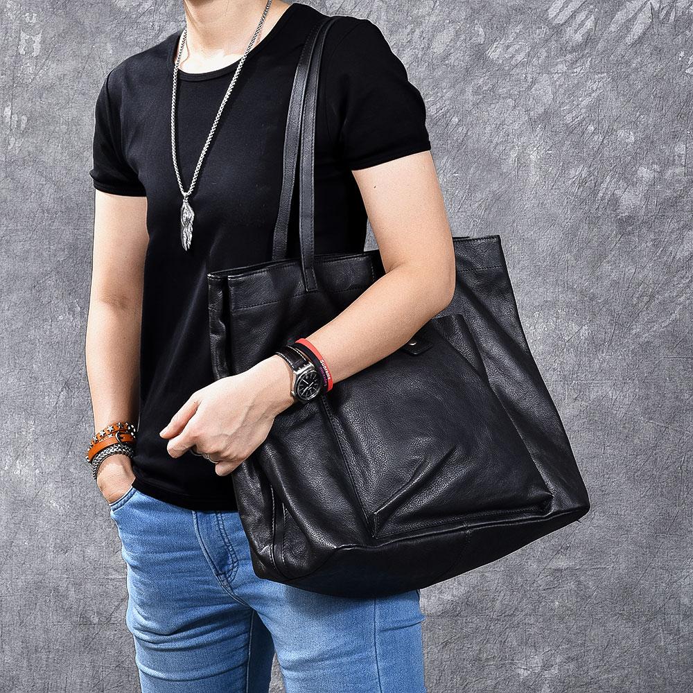 Leather Mens Womens 15" Large Shoulder Bag Black Tote Bag Large Side Bag Handbag For Men