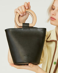 Cute Leather Black Womens Mini Bucket Purse Handbag Barrel Shoulder Bag for Women