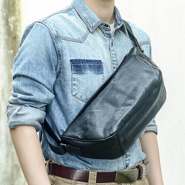 Cool Black Leather Men Chest Bag Large - Back View
