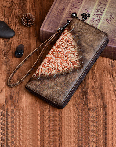 Womens Flowers Coffee Leather Zip Around Wallet Wristlet Wallet Floral Ladies Zipper Clutch Wallet for Women