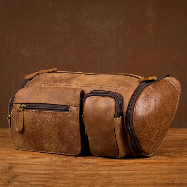 Cool Brown Leather Mens Large Fanny Pack Barrel Waist Bag Chest Bag Hip Pack Bum MSG03181031
