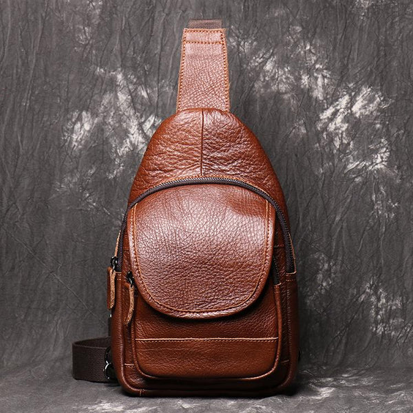 Brown Leather Men's Sling Bag Sling Pack - Back View