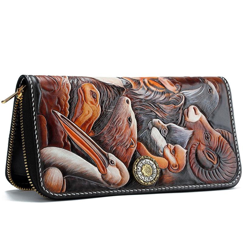 Handmade Leather Tooled The Animals Mens Chain Zipper Biker Wallet Cool Leather Wallet Long Phone Wallets for Men