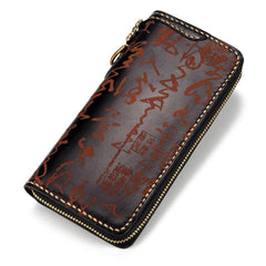 Handmade Leather Mens Chinese Handwriting Biker Chain Wallet Cool Leather Wallet Long Wallets for Men