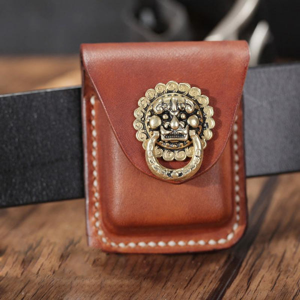 Cool Brown Leather Mens Zippo Lighter Case - Back View