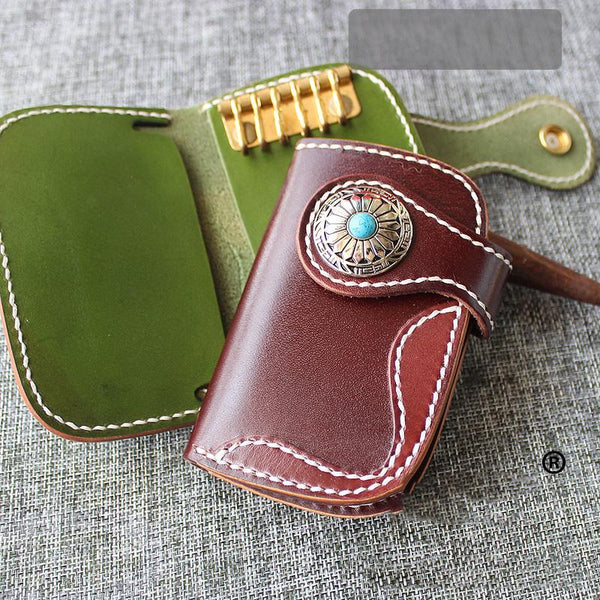 Handmade Green Leather Mens Womens Small Key - Back View