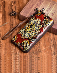 Handmade Womens Sunflower Red Leather Zip Around Wallet Wristlet Wallet Floral Ladies Zipper Clutch Wallet for Women