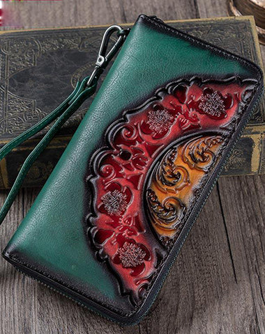 Vintage Floral Green Leather Wristlet Wallets Womens Zip Around Wallet Floral Ladies Zipper Clutch Wallets for Women