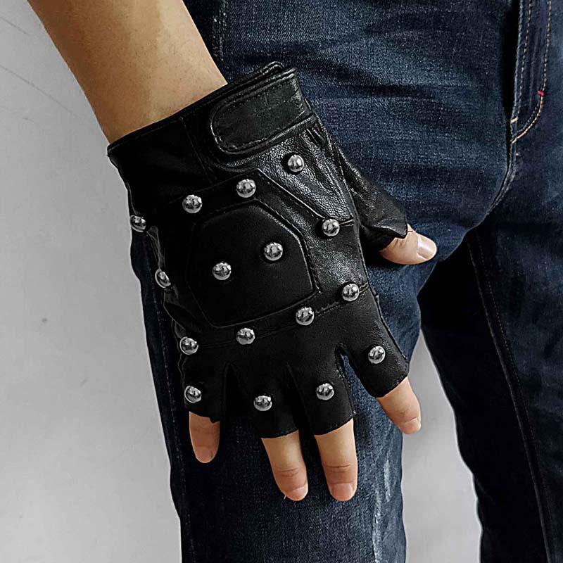 Cool Mens Punk Black Leather Half-Finger Rock Gloves Motorcycle Gloves