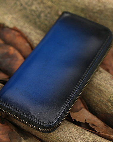 Around Zip Blue Leather Long Wallet Mens Minimalist Zipper Clutch Wallet for Men