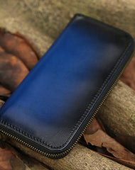 Around Zip Blue Leather Long Wallet Mens Minimalist Zipper Clutch Wallet for Men