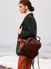 Vintage Coffee Leather Rucksack Womens School Backpack Ladies Leather Backpack Purses