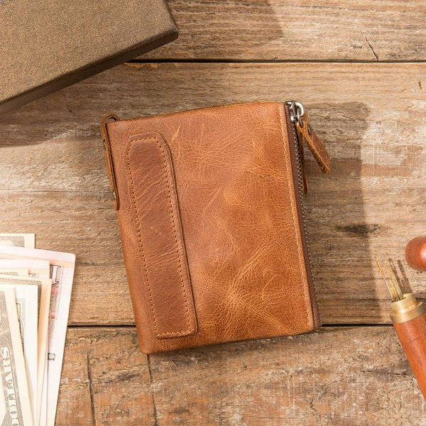 Brown Leather Mens Bifold Wallet Brown Small Wallet Front Pocket Wallet billfold HB01291109