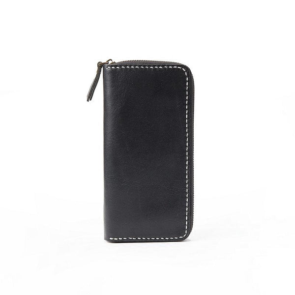 Black Handmade Leather Mens Long Wallet Bifold - Back View