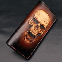 Dark Coffee Handmade Tooled Smiling Skull Leather Mens Bifold Long Wallet Clutch For Men