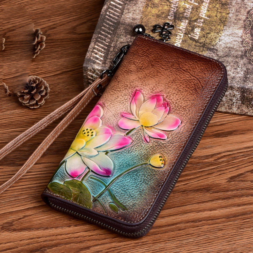 Womens Lotus Flowers Coffee Leather Wristlet Wallets Zip Around Wallet Flowers Ladies Zipper Clutch Wallet for Women