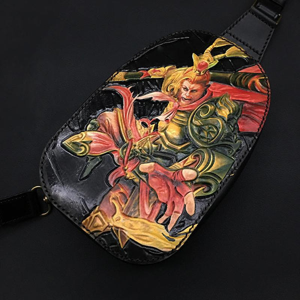 Black Handmade Tooled Leather Monkey King Sling - Back View