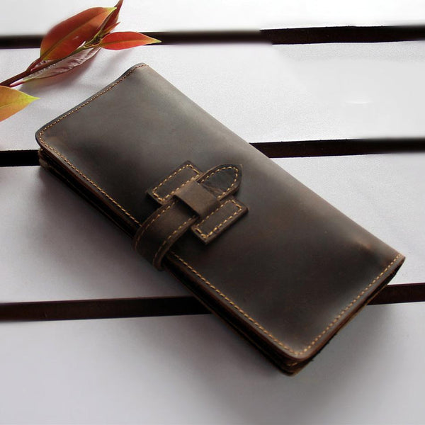 Handmade Dark Brown Leather Mens Bifold Long Wallet Cards Long Wallet For Men ZOY0139145